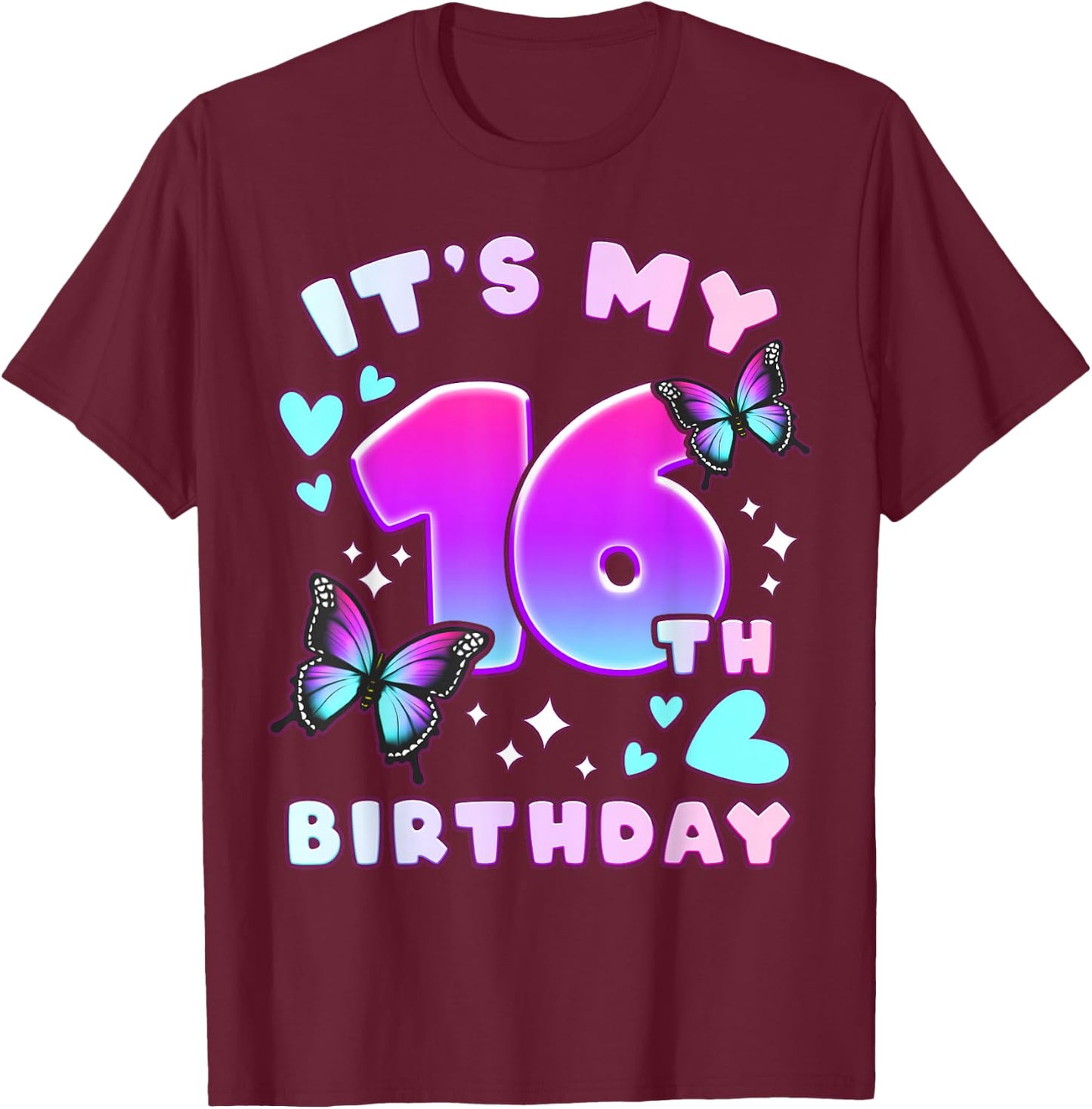 16th Birthday, Girl 16 years, Butterflies and Number 16 T-Shirt - T-Shirt | Maroon