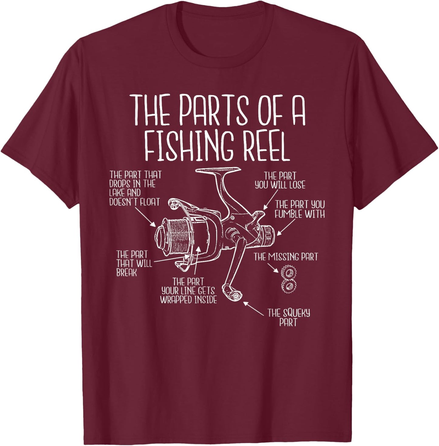 The Parts of a Fishing Reel - Funny Fishing Fisherman Humor Small T-Shirt - T-Shirt | Maroon