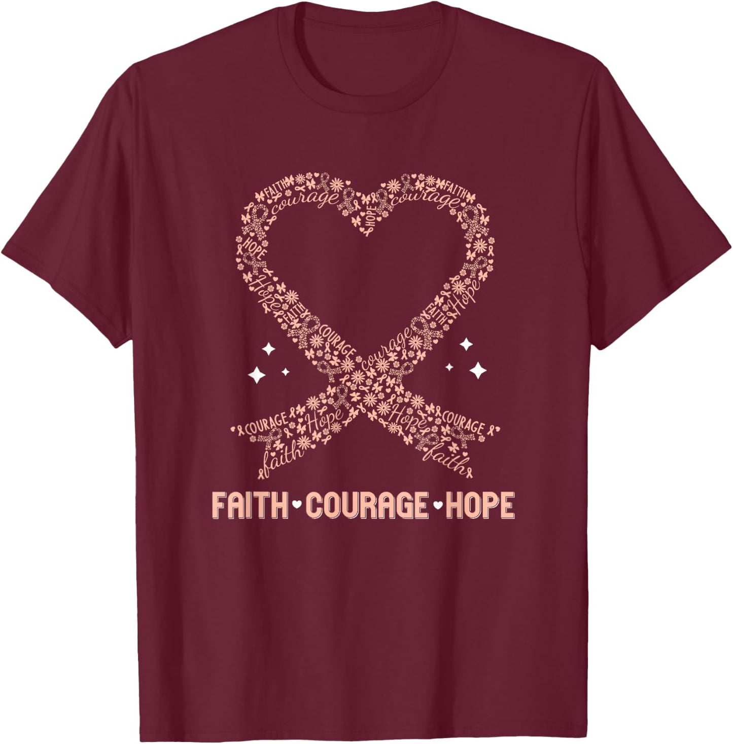 Uterine Cancer Faith Peach Ribbon Endometrial Awareness T-Shirt - T-Shirt | Maroon