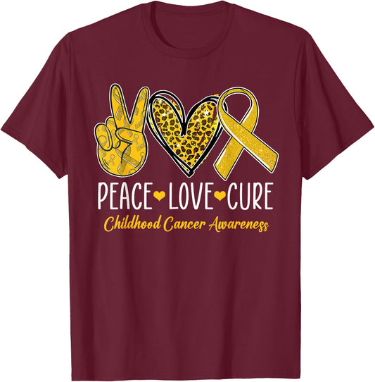 Peace Love Cure Childhood Cancer Awareness Gold Ribbon T-Shirt - T-Shirt | Maroon