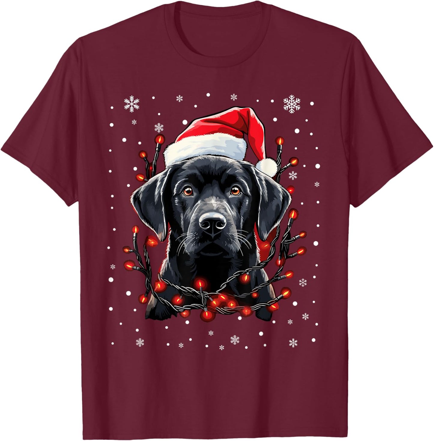 Black Labrador Christmas Lights Santa Hat Xmas Pajama T-Shirt - T-Shirt | Maroon