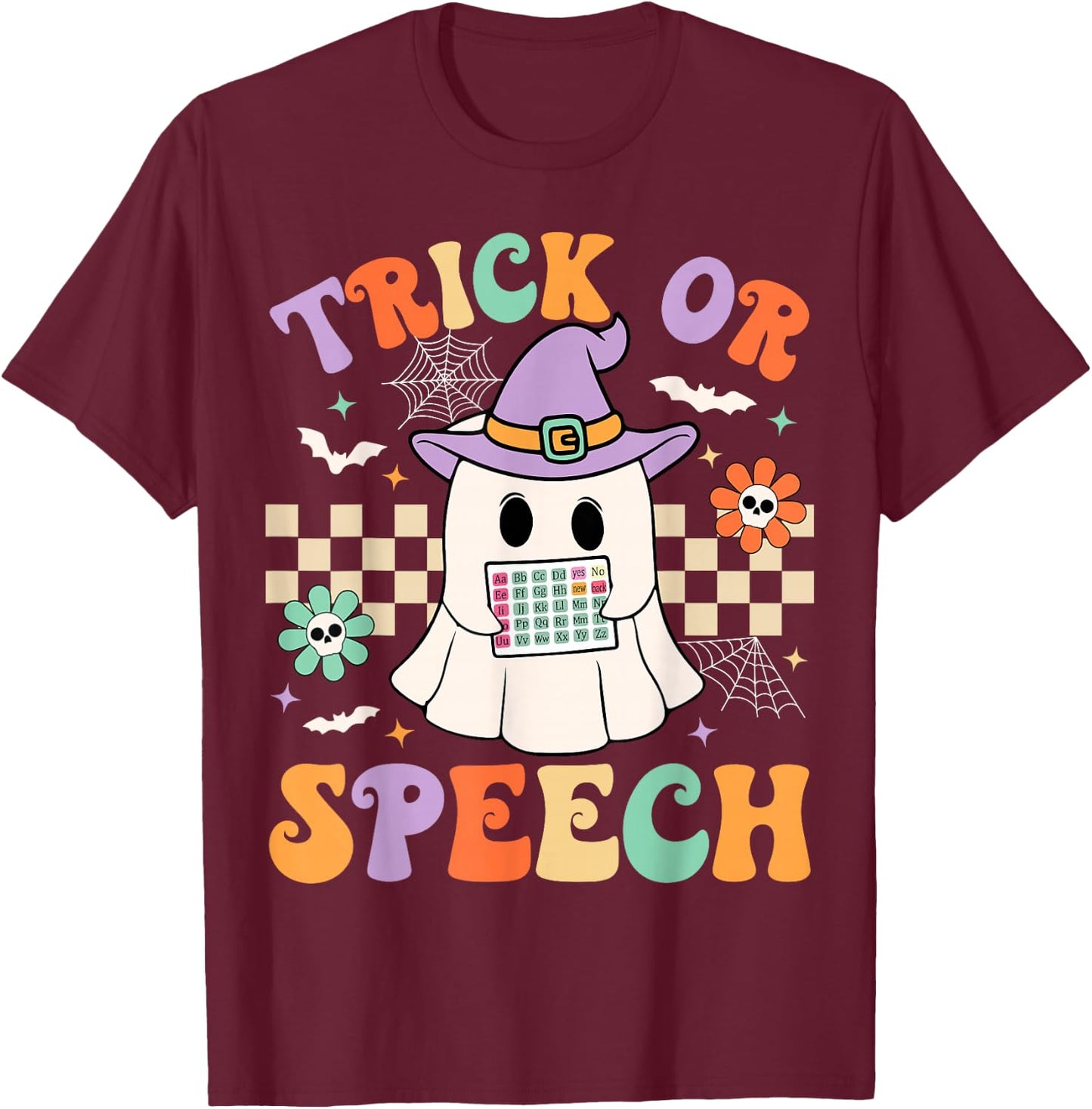 Trick or Speech Retro SLP Halloween Speech Therapy Halloween T-Shirt - T-Shirt | Maroon