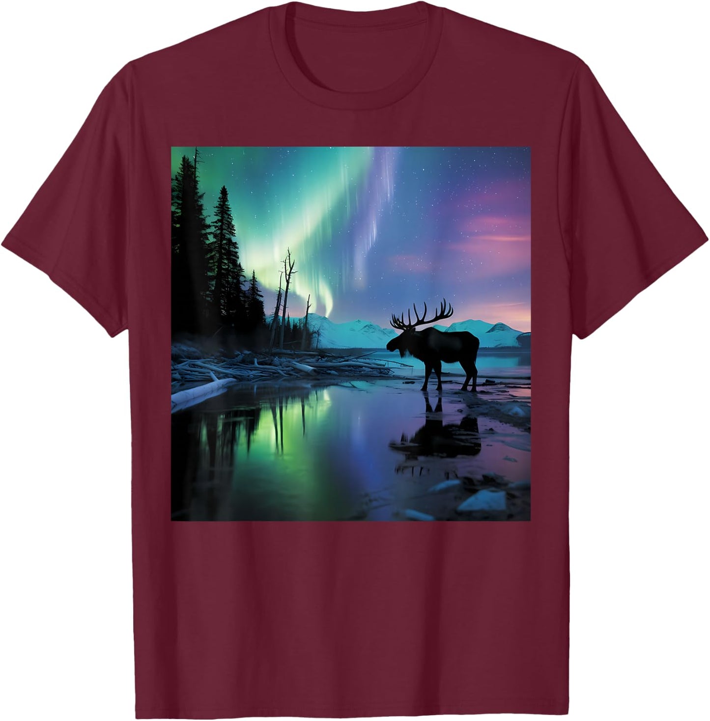Alaska Aurora Borealis Moose Aesthetic Core Photo Souvenir T-Shirt - T-Shirt | Maroon