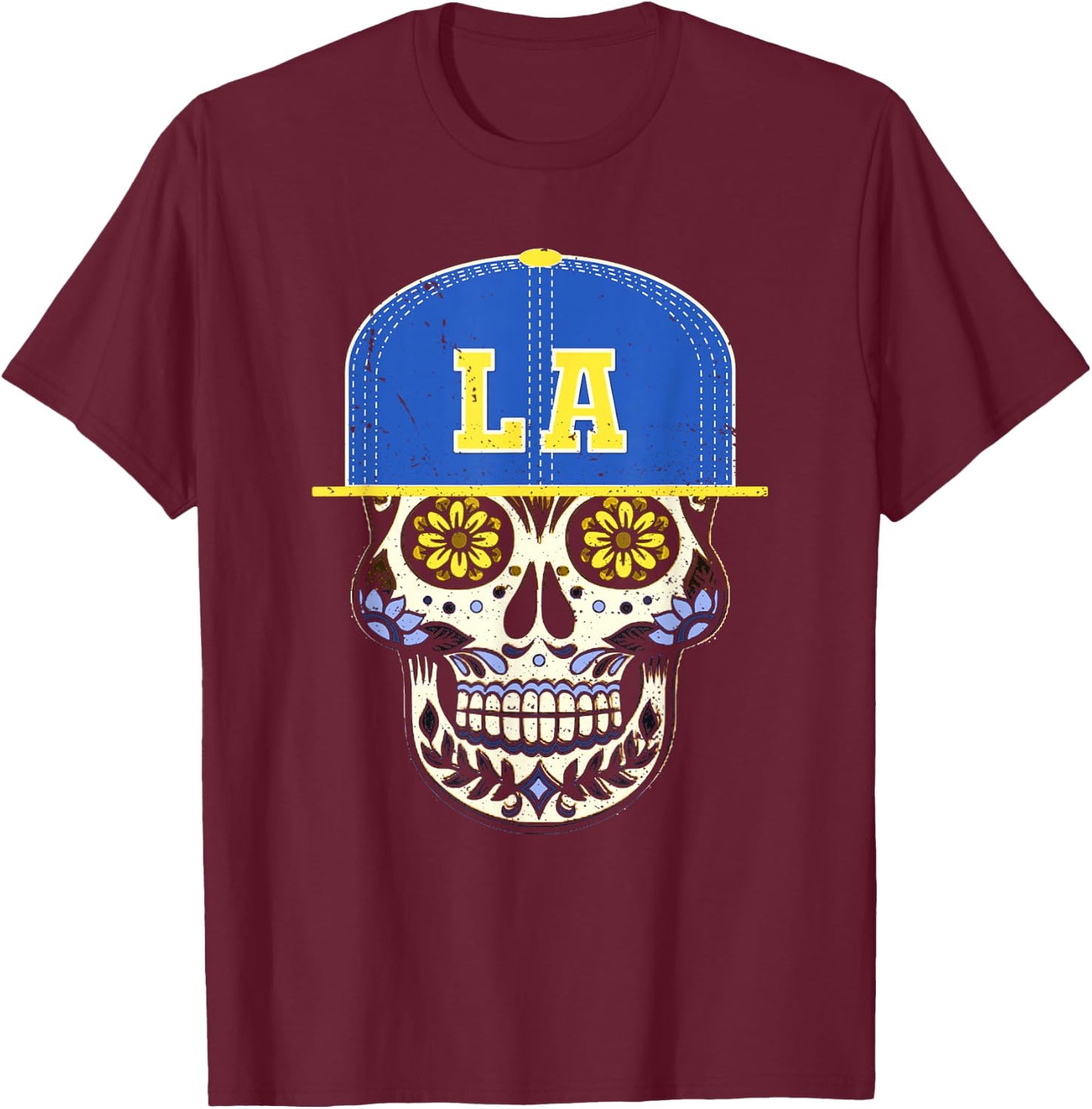 Los Angeles Sugar Skull Mexican Art Design Mexico Flag T-Shirt - T-Shirt | Maroon