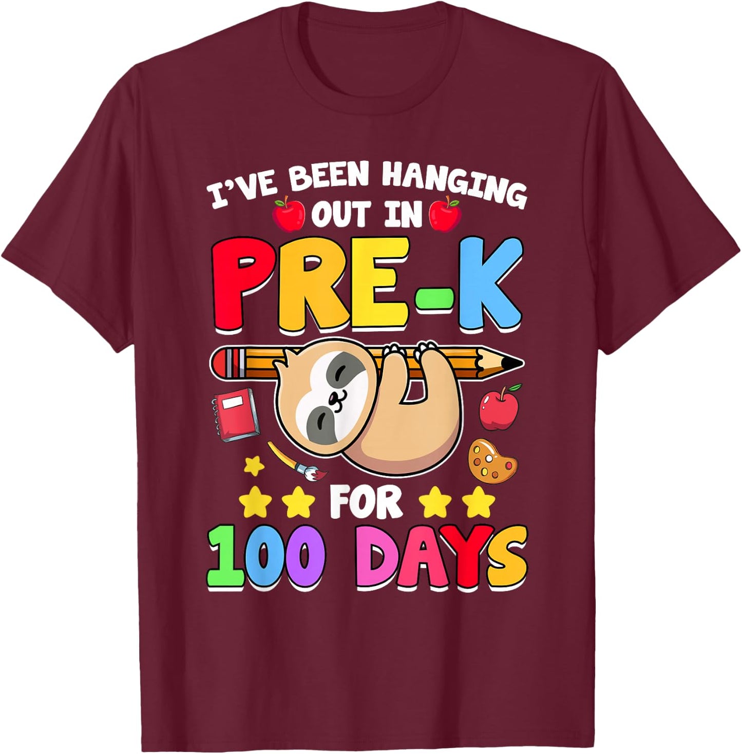 100th Day Of School Sloth Shirt Pre-K 100 Days School T-Shirt - T-Shirt | Maroon