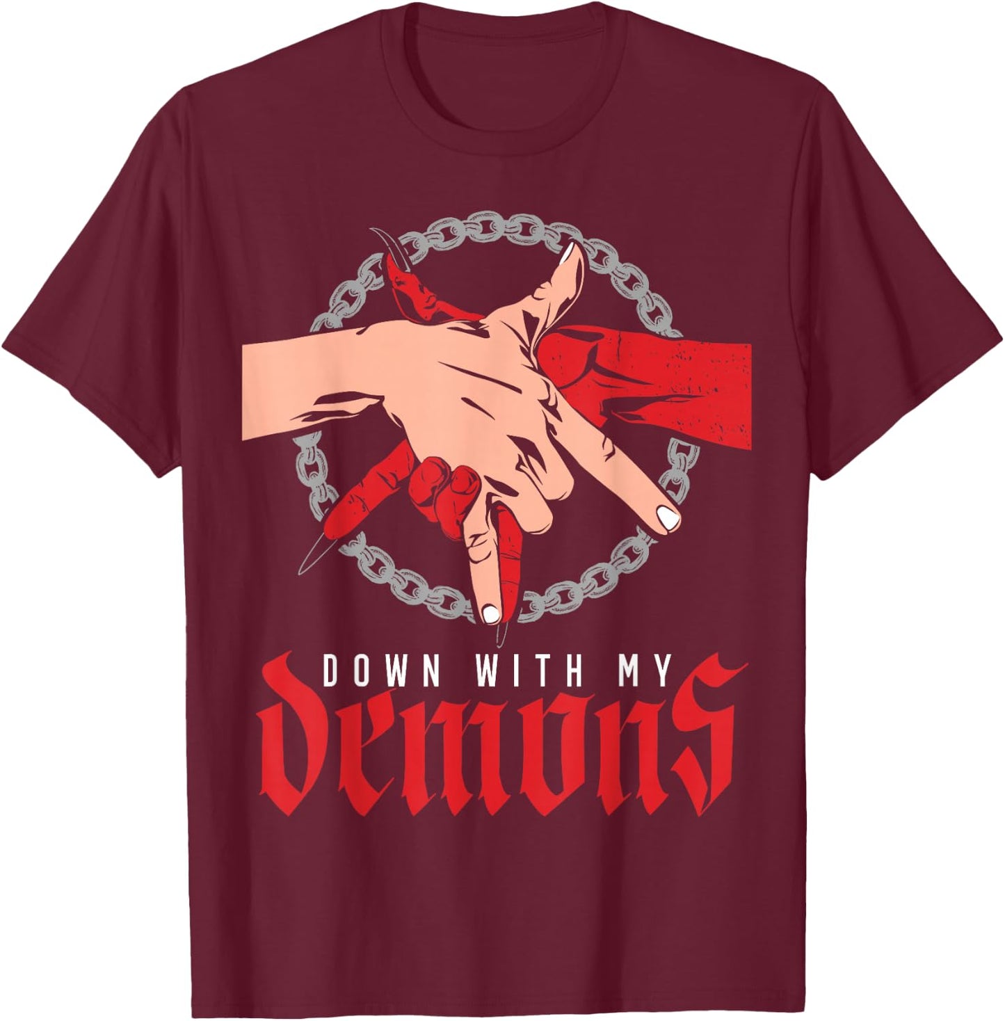 Down with My Demons Deal Handshake Aesthetic Humour Goth T-Shirt - T-Shirt | Maroon