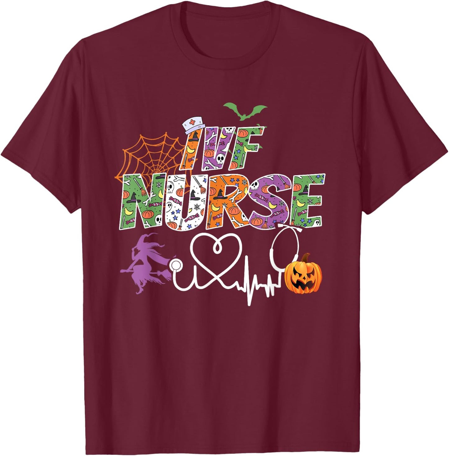 IVF Nurse Halloween Spooky Season Nursing Ghost Stethoscope T-Shirt - T-Shirt | Maroon