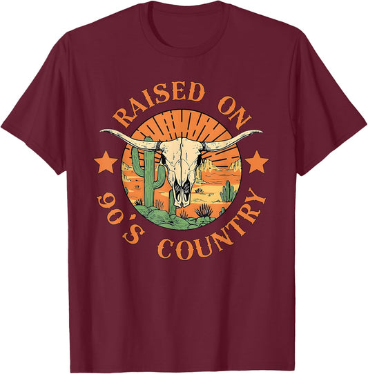 Raised On 90s Western Country Music Cow Skull Cowboy Cowgirl T-Shirt - T-Shirt | Maroon