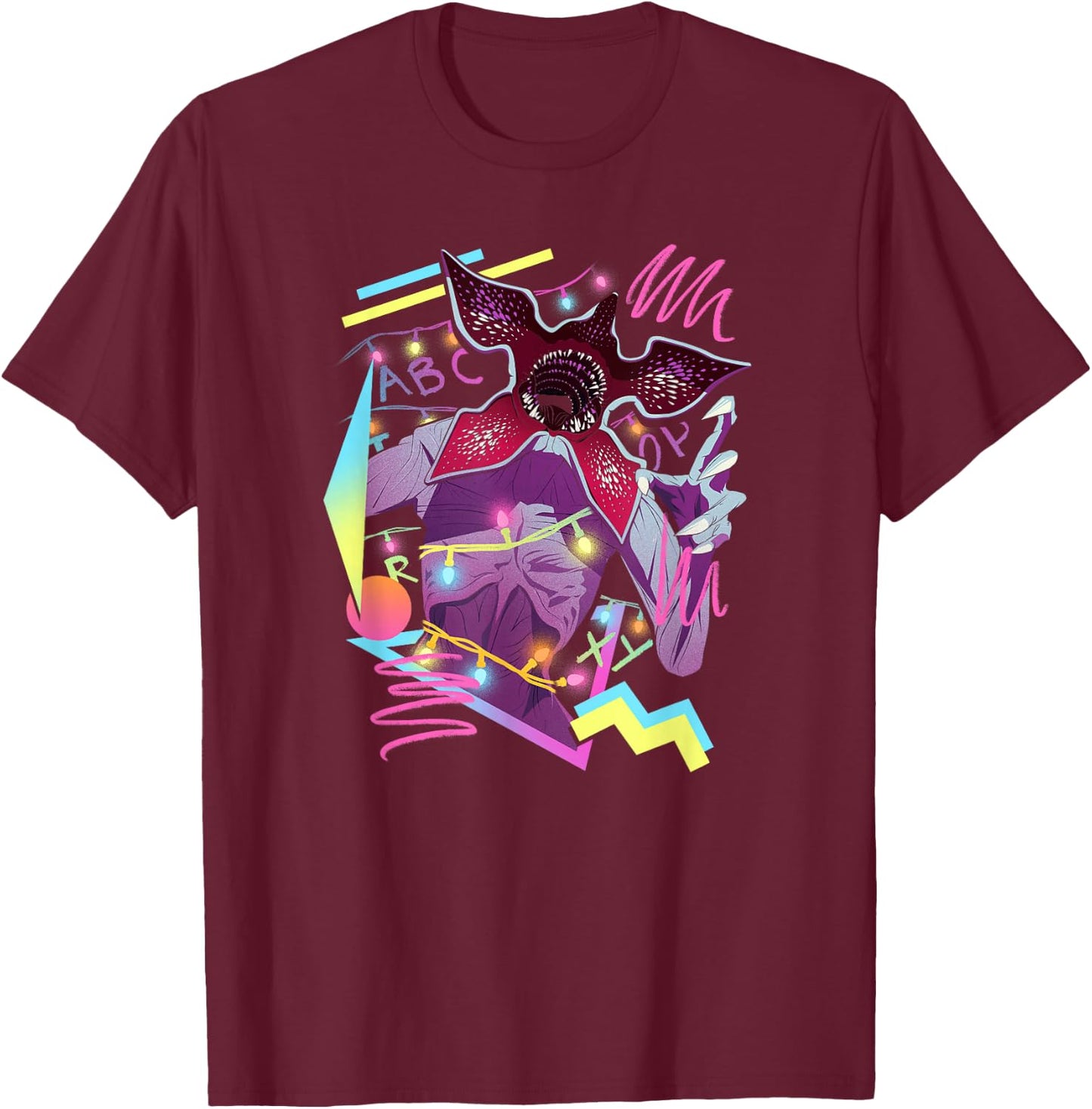 Stranger Things Demogorgon Neon 80's Style Retro Logo T-Shirt - T-Shirt | Maroon