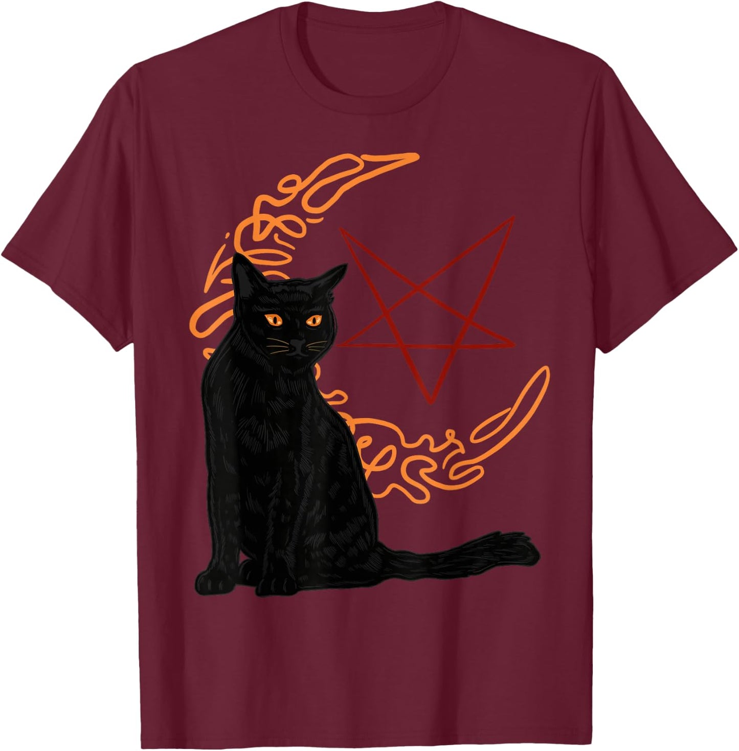 Crescent Moon Goth Pentagram Witch Bombay Cat T-Shirt - T-Shirt | Maroon