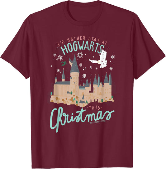 Harry Potter I'd Rather Stay At Hogwarts This Christmas T-Shirt - T-Shirt | Maroon