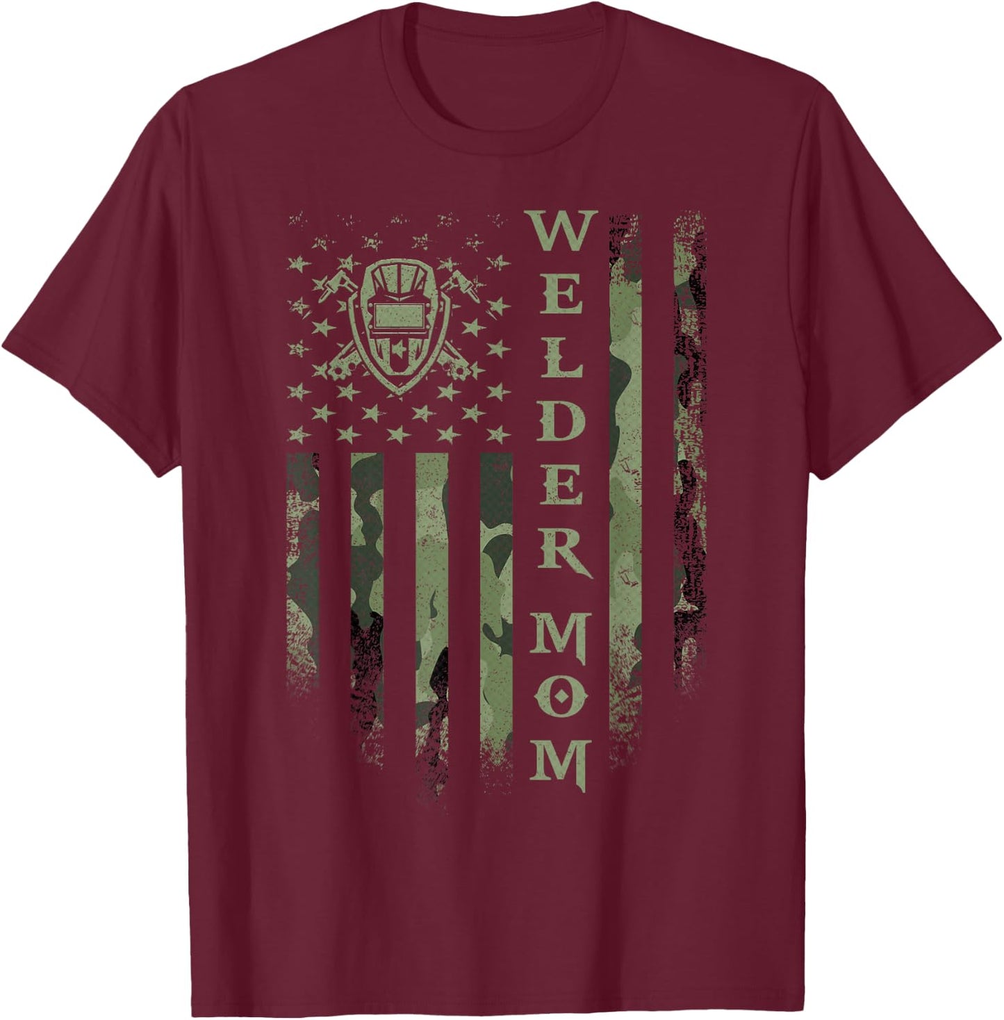 Vintage USA Camo Flag Proud Welder Mom Welding Silhouette T-Shirt - T-Shirt | Maroon