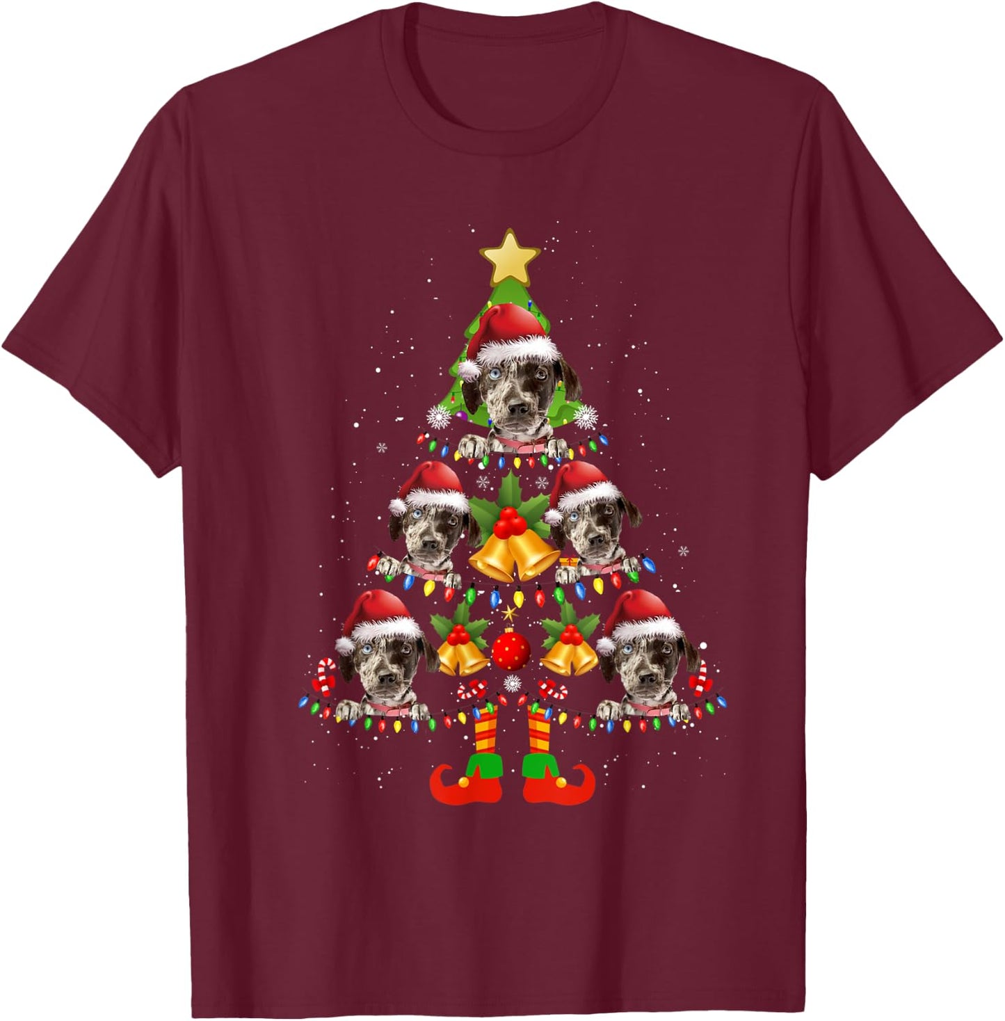 Funny Catahoula Leopard Christmas Lights Tree Dog Lover Xmas T-Shirt - T-Shirt | Maroon