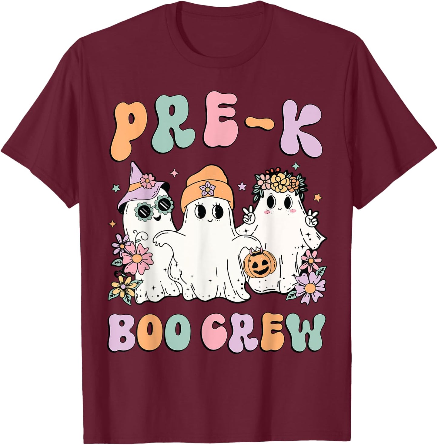 Pre-K Boo Crew Groovy Halloween Floral Ghost Pre K Teacher Men Women Kids T-Shirt - T-Shirt | Maroon