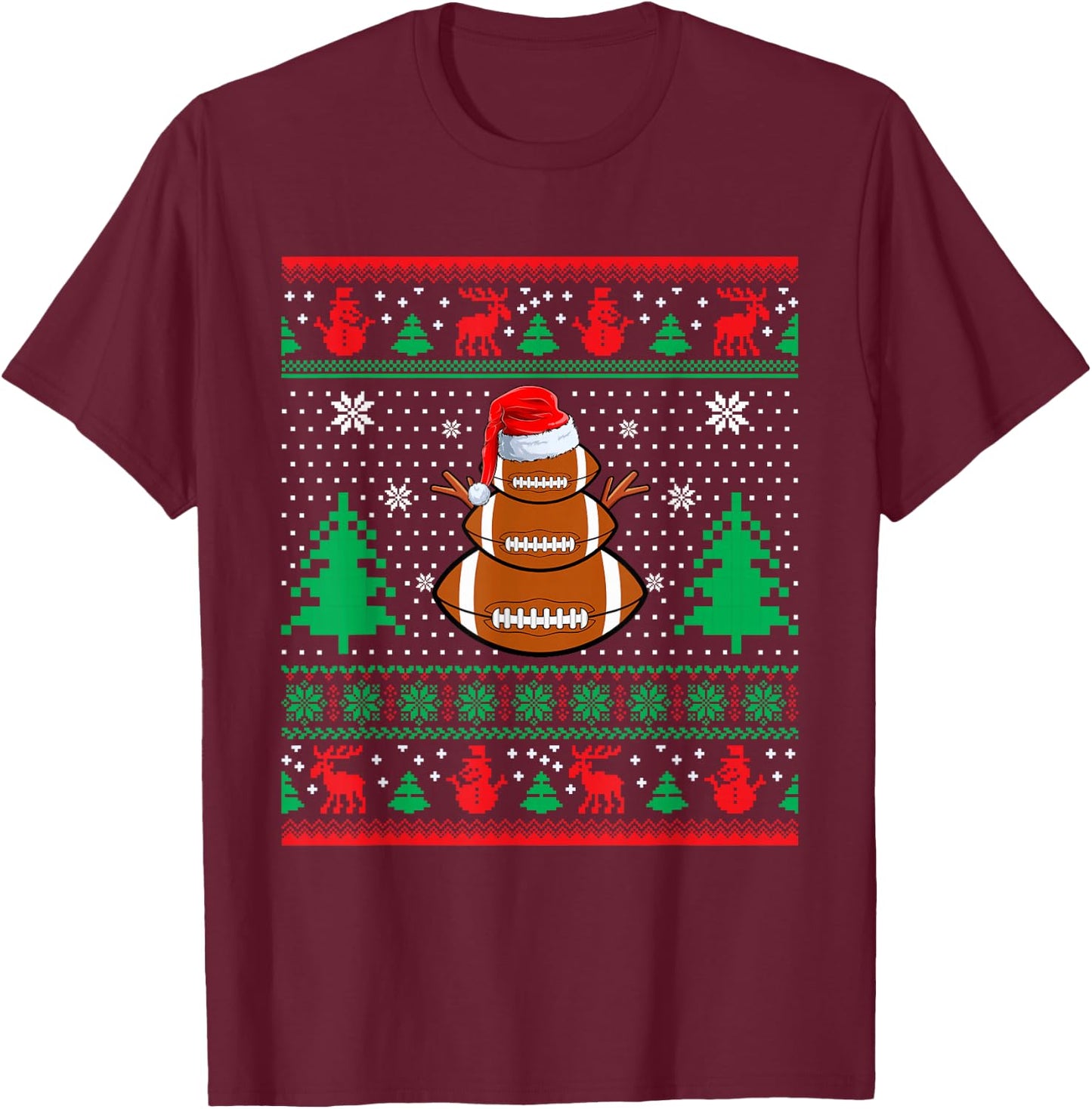 Football Santa Hat Ugly Christmas Sweaters Funny Christmas T-Shirt - T-Shirt | Maroon