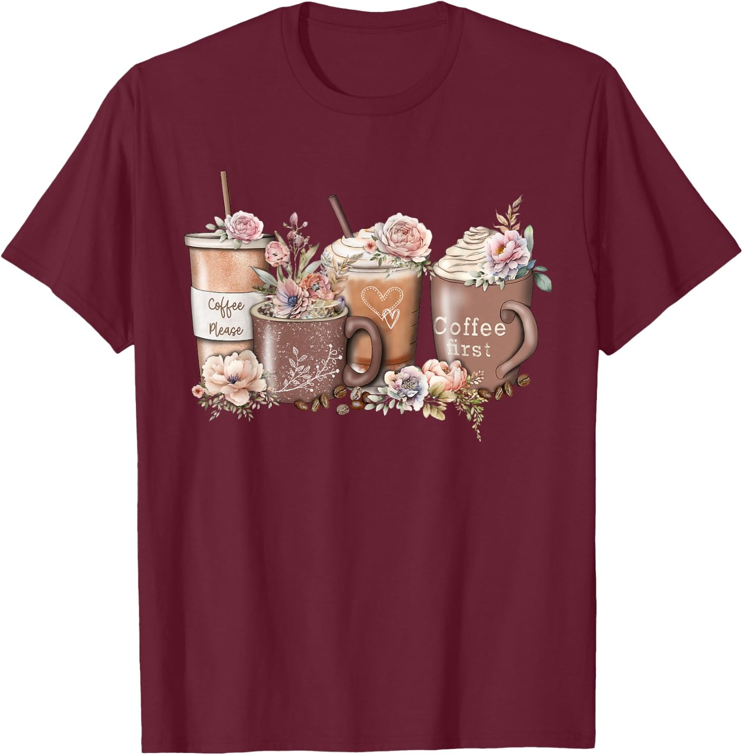 Floral Coffee Cup Iced Latte With Spring Flowers T-Shirt - T-Shirt | Maroon