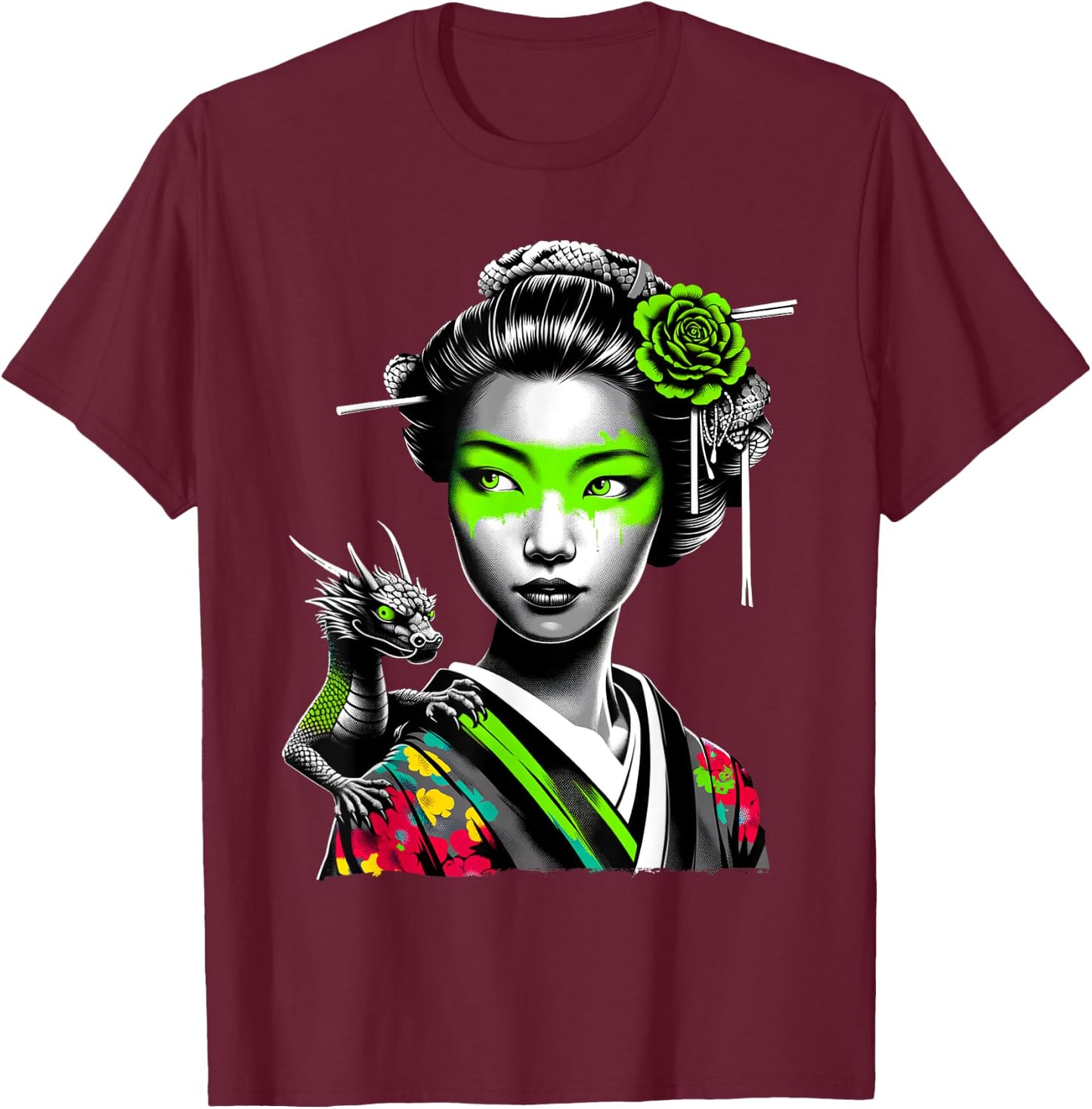 Japanese Girl and Dragon Animal Urban Art Aesthetic Graphic T-Shirt - T-Shirt | Maroon