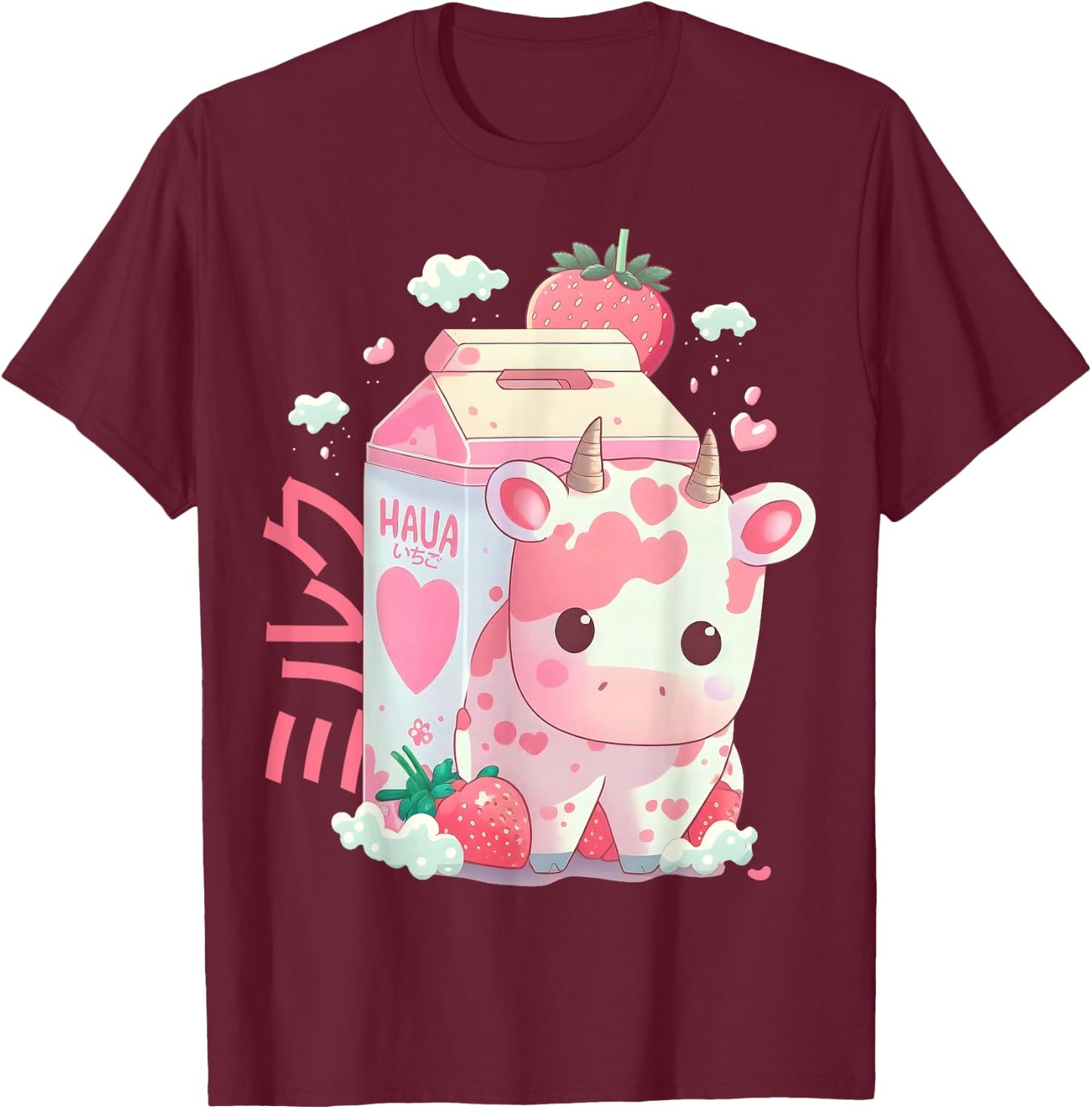 Strawberry Milk Milkshake Cow Carton Cute Kawaii Japanese T-Shirt - T-Shirt | Maroon