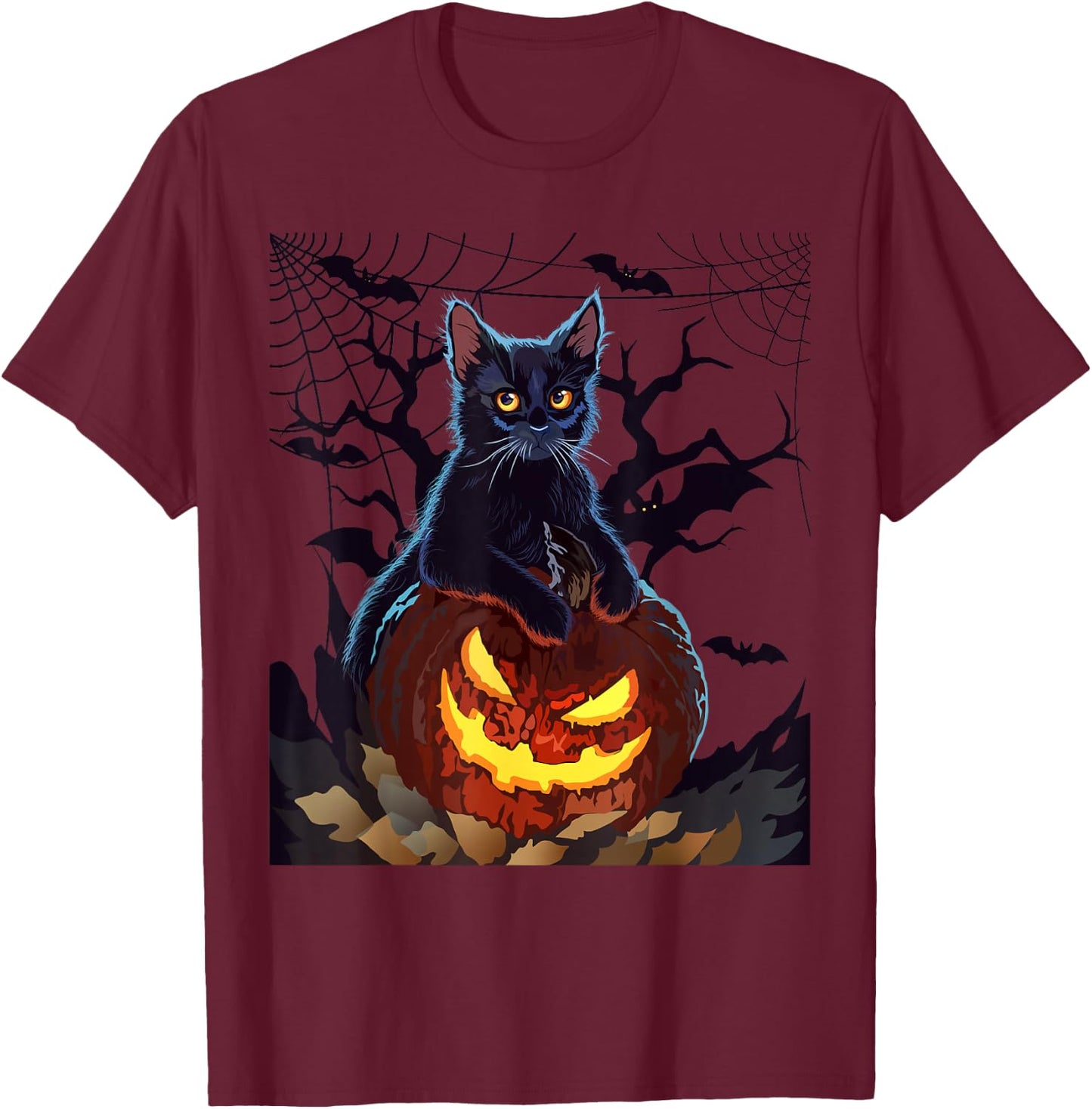 Cat With Pumpkin Halloween Bat Vintage Costume T-Shirt - T-Shirt | Maroon