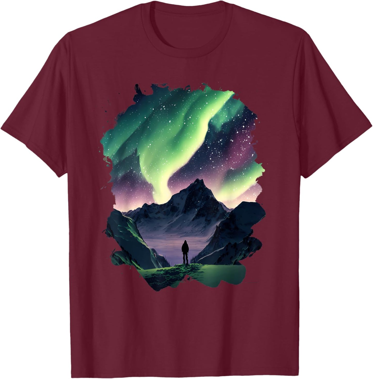 Aurora Borealis over the mountains Natural wonder in colors T-Shirt - T-Shirt | Maroon