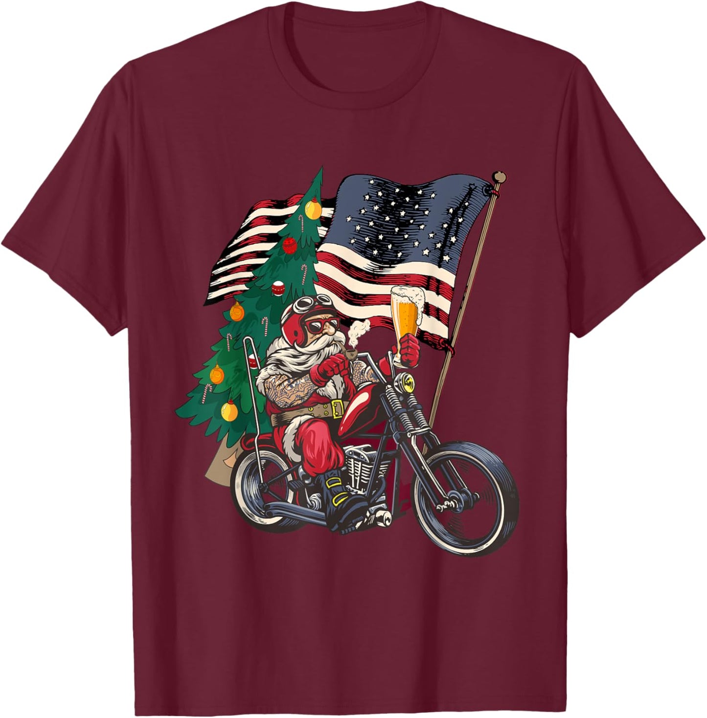 Santa Riding Motorcycle on Christmas - Biker US Flag T-Shirt - T-Shirt | Maroon
