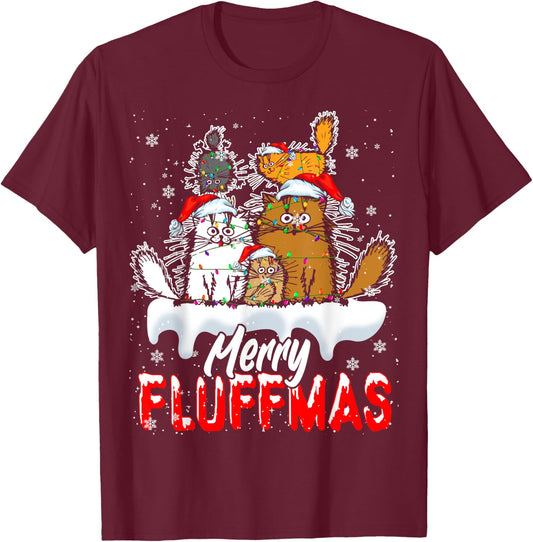 Merry Fluffmas Funny Christmas Lights Santa Cat Kitten Lover T-Shirt - T-Shirt | Maroon