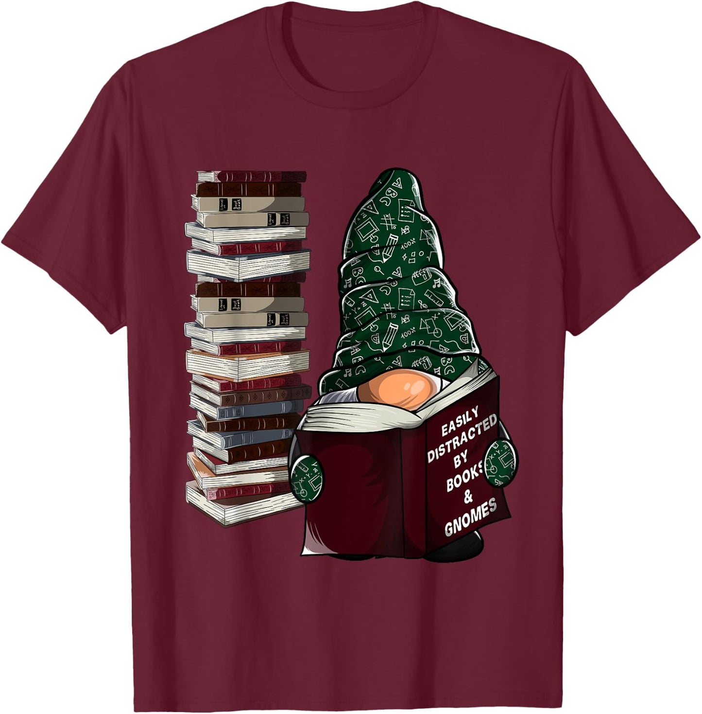 Easily distracted by books & gnomes, garden gnome book lover T-Shirt - T-Shirt | Maroon