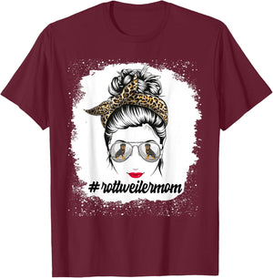 Rottweiler Dog Mom Bleached Messy Bun Leopard Women T-Shirt - T-Shirt | Maroon