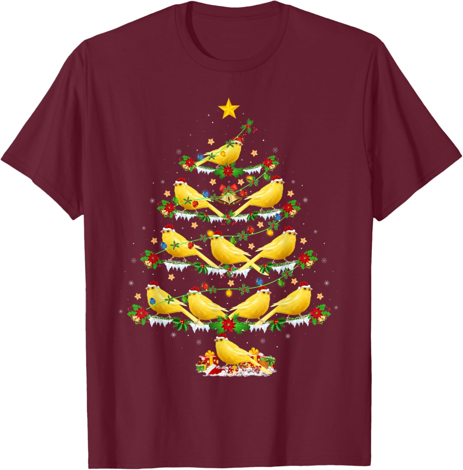 Canary Bird Lover Xmas Lights Canary Christmas Tree T-Shirt - T-Shirt | Maroon