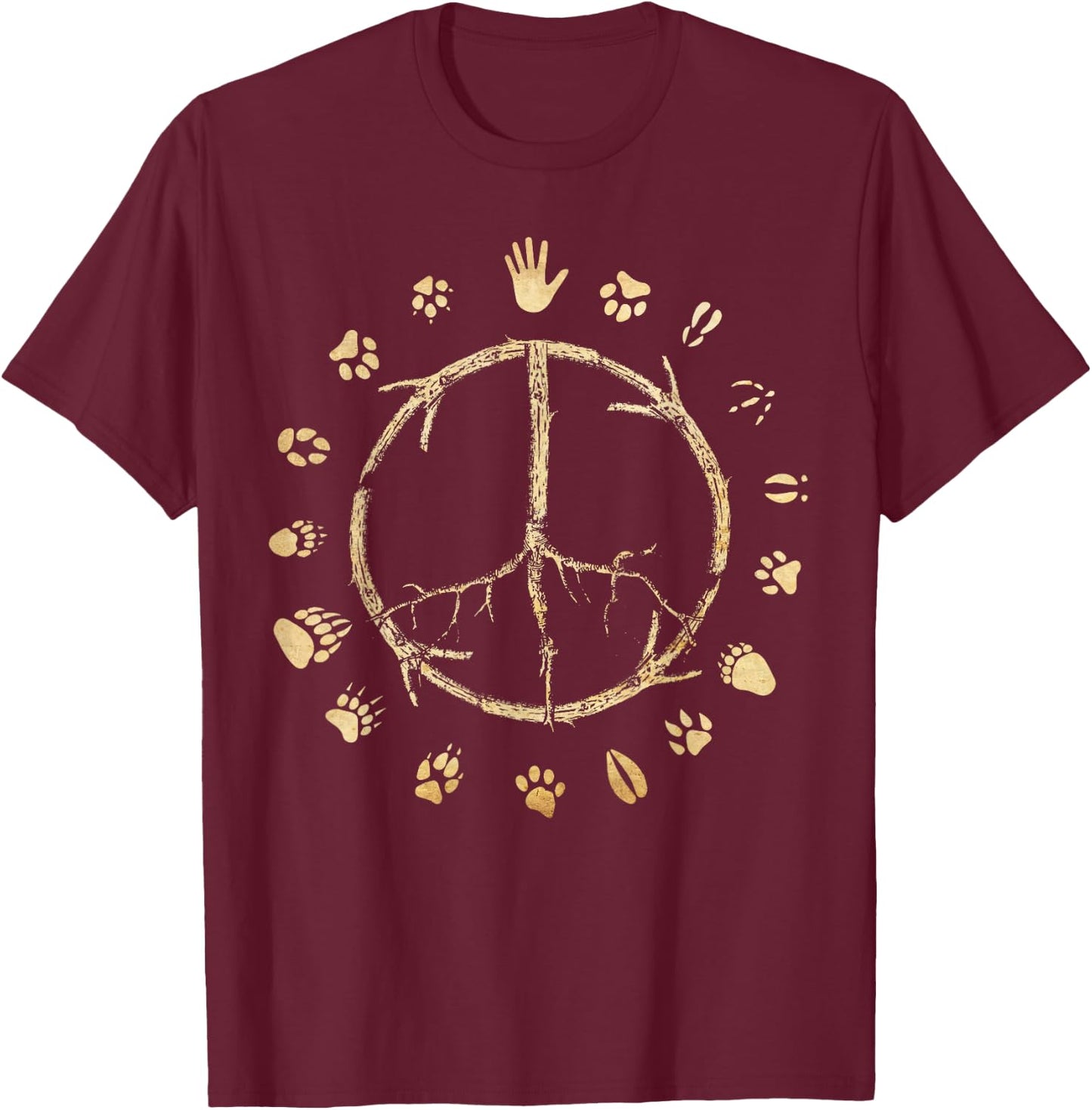 Animal Rights Awareness Peace Sign Tree Paw Print T-Shirt - T-Shirt | Maroon