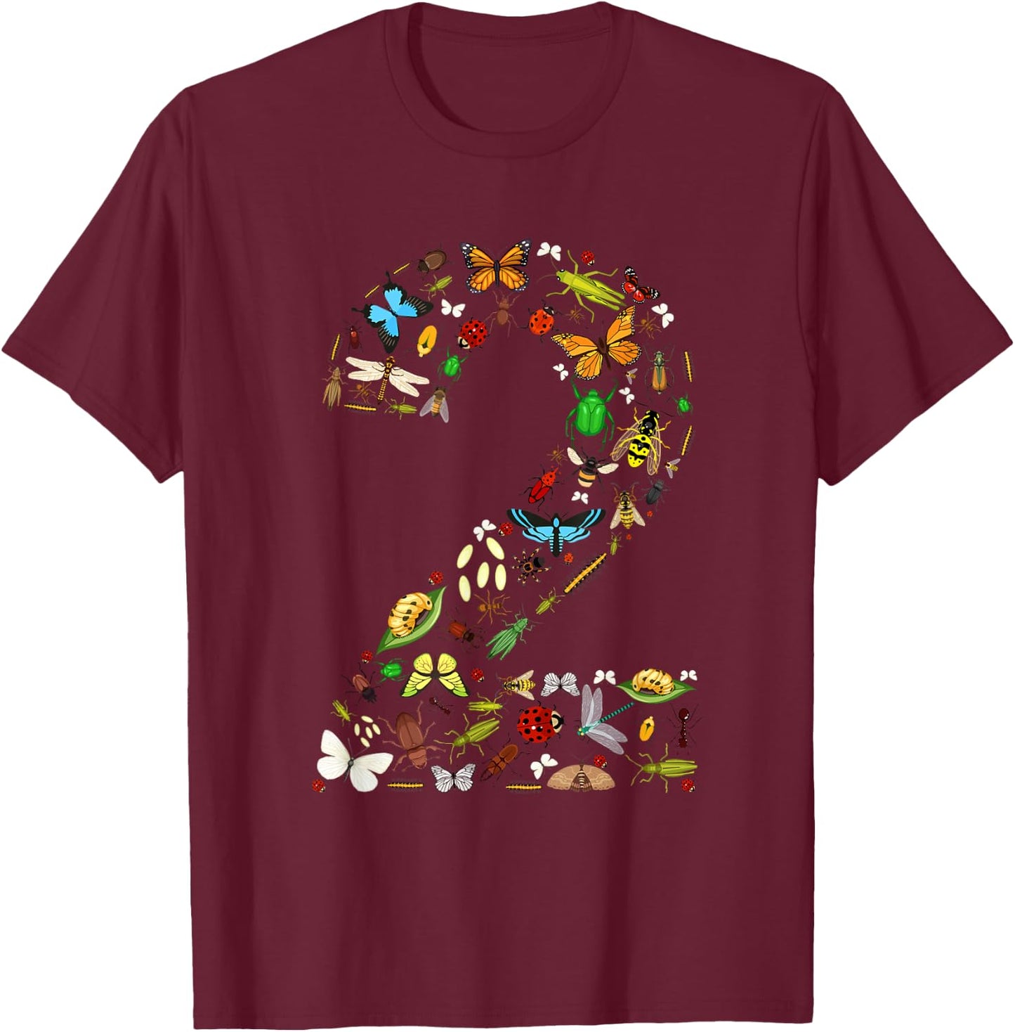 2 Years Old Two Bug 2nd Birthday Bugs Insects Boy Girl T-Shirt - T-Shirt | Maroon