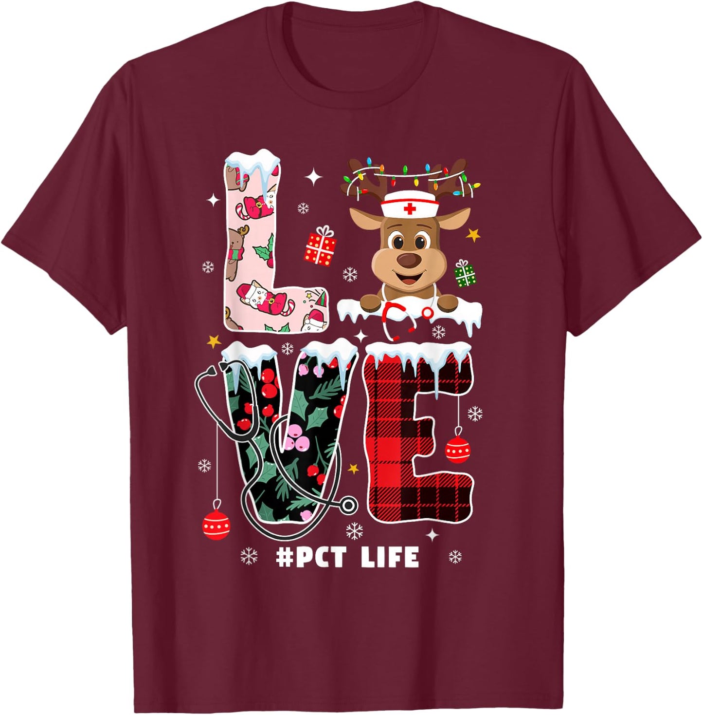Love Patient Care Technician Xmas PCT Nurse Life Christmas T-Shirt - T-Shirt | Maroon
