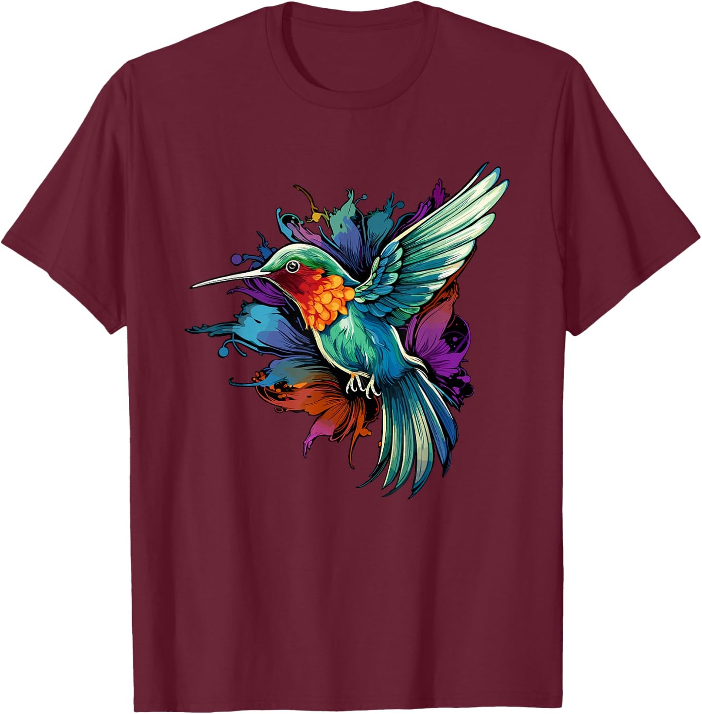 Colorful Hummingbird Art Tie-Dye Bird Watching T-Shirt - T-Shirt | Maroon