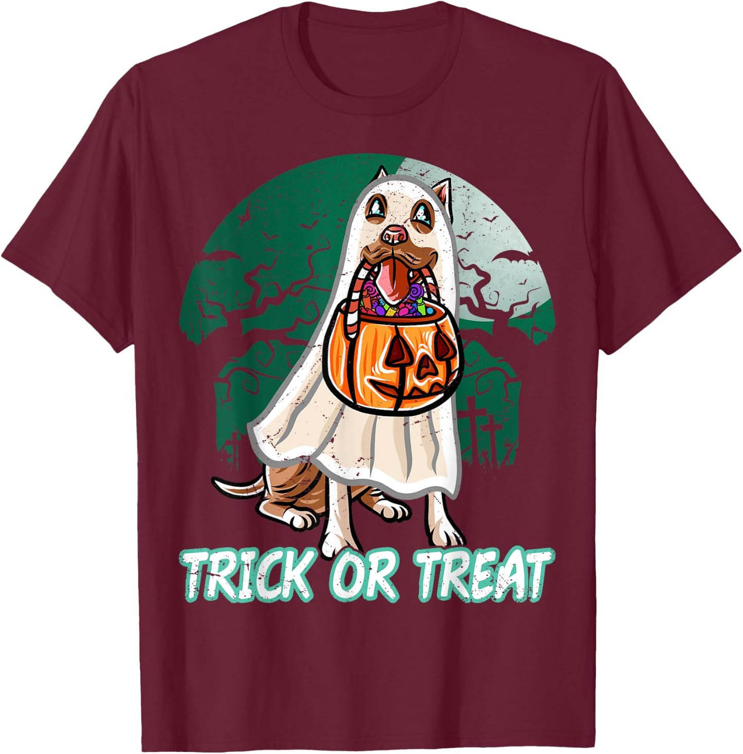 Pitbull Pittie Happy Halloween Costume Ghost T-Shirt - T-Shirt | Maroon