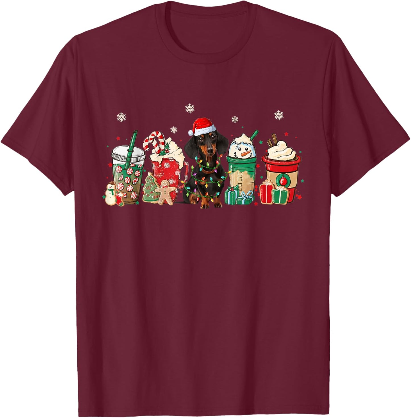 Coffee Latte Christmas Funny Christmas Coffee and Dachshund T-Shirt - T-Shirt | Maroon