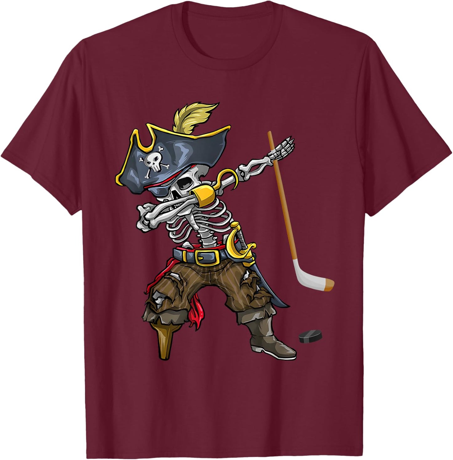 Dabbing Skeleton Pirate Hockey Lover Halloween Costume T-Shirt - T-Shirt | Maroon