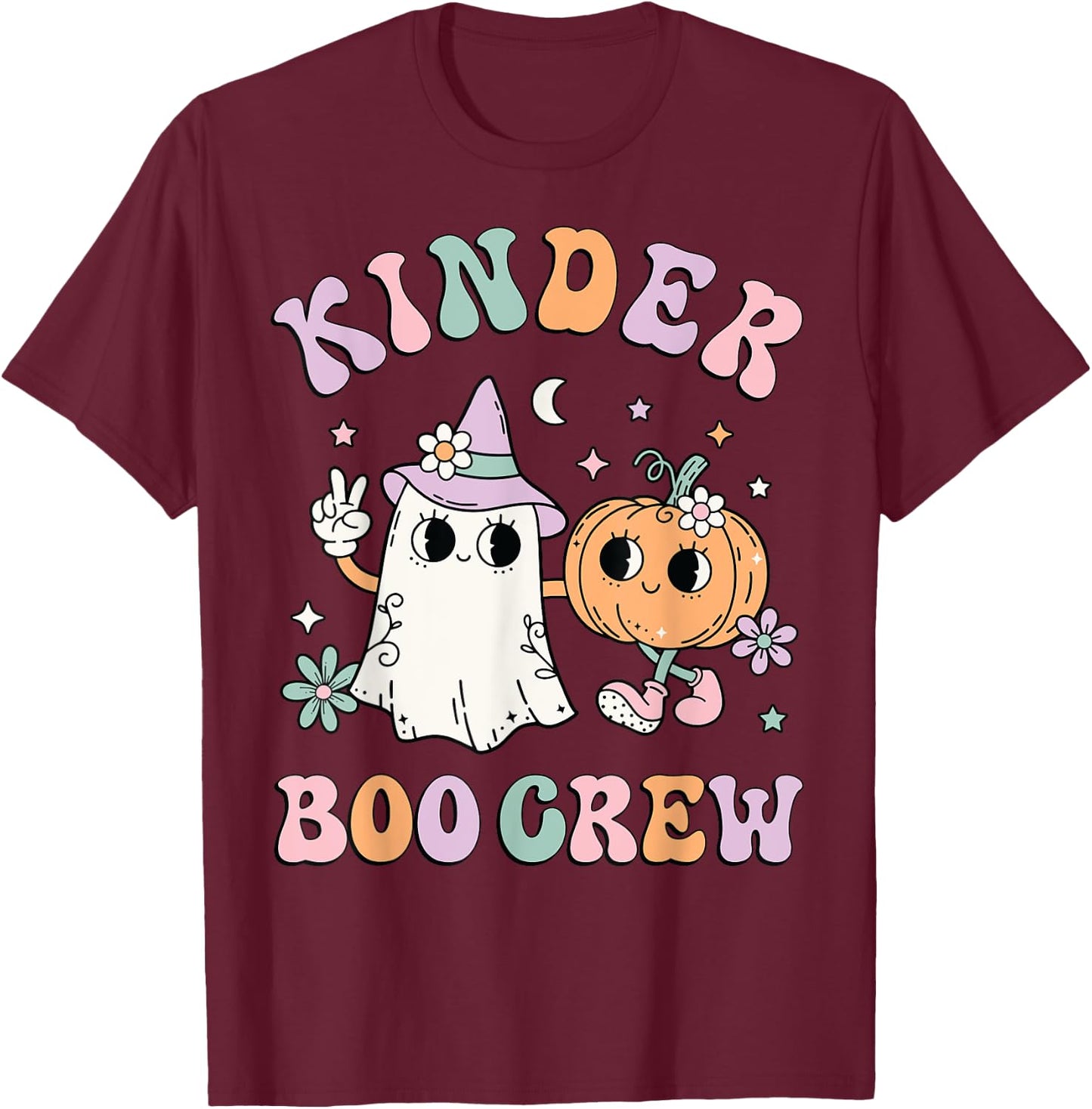 Kinder Boo Crew Halloween Floral Ghost Kindergarten Teacher Men Women Kids T-Shirt - T-Shirt | Maroon