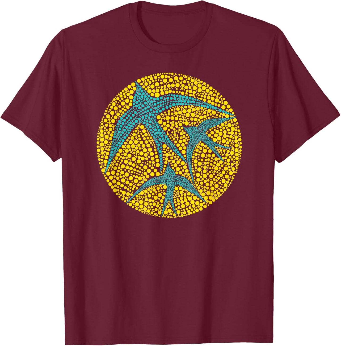 Swarm of Swallows Flying Aboriginal Art Style Flock of Birds T-Shirt - T-Shirt | Maroon