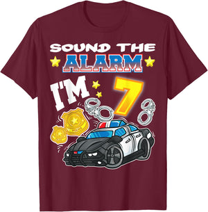 Sound The Alarm I'm 7 Policeman Police 7th Birthday Party T-Shirt - T-Shirt | Maroon