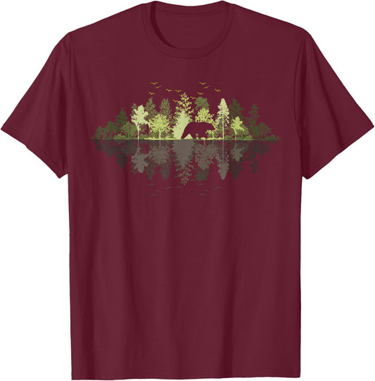 Trees Reflection Wildlife Nature Animal Bear Outdoor Forest T-Shirt - T-Shirt | Maroon