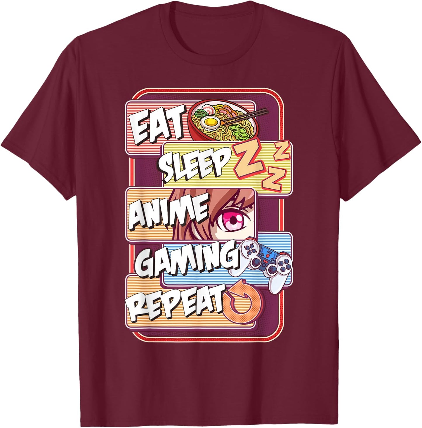 Kawaii Eat Sleep Anime Gaming Repeat T-Shirt - T-Shirt | Maroon