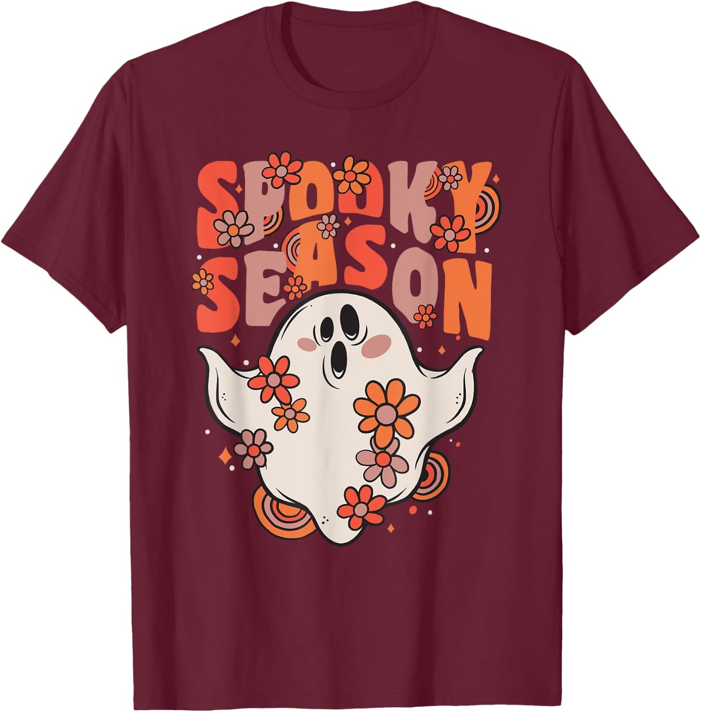 Spooky Season Groovy Ghost With Vintage Flowers Halloween T-Shirt - T-Shirt | Maroon