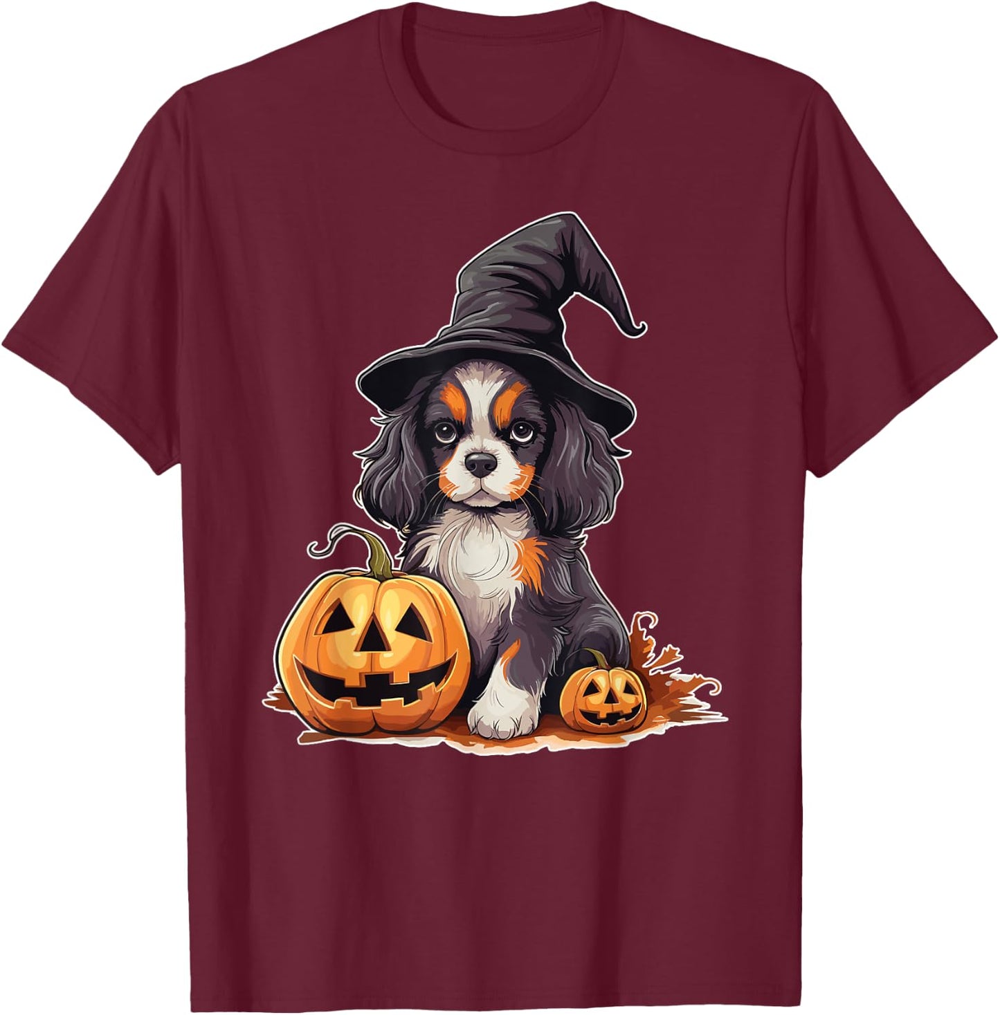 Halloween Witch Hat Pumpkin Dog Cavalier King Charles Women Kids T-Shirt - T-Shirt | Maroon