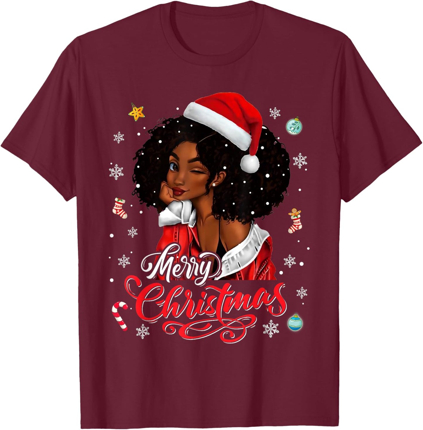 Merry Christmas Black Queen Girl African Santa Melanin Women T-Shirt - T-Shirt | Maroon