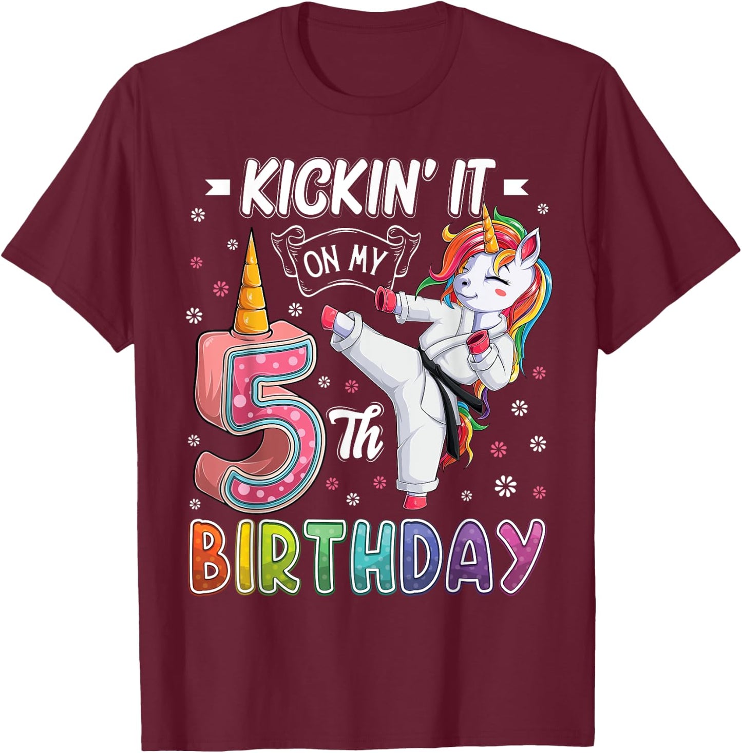 Unicorn Karate 5th Birthday Five 5 Years Old Taekwondo Kids T-Shirt - T-Shirt | Maroon