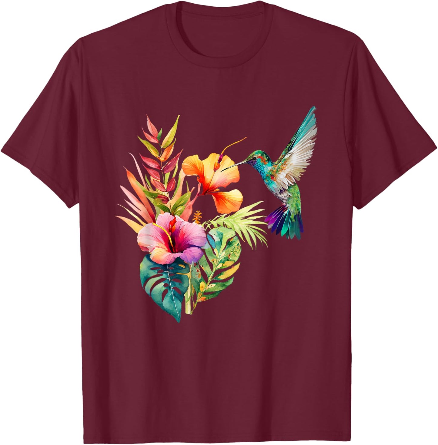 Hummingbird Backyard Birdwatching Tropical Flowers Birders T-Shirt - T-Shirt | Maroon