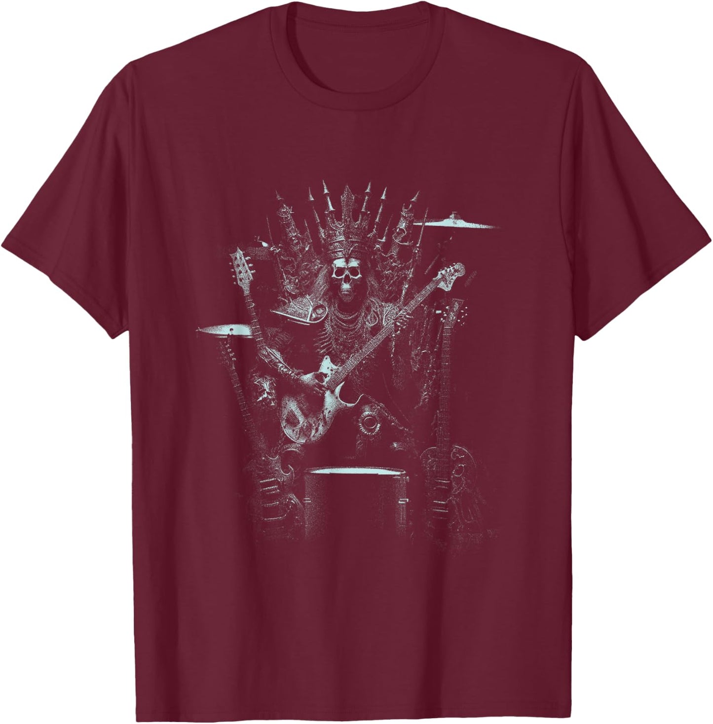 Halloween Skeleton Playing Guitar Throne Rock and Roll Band T-Shirt - T-Shirt | Maroon