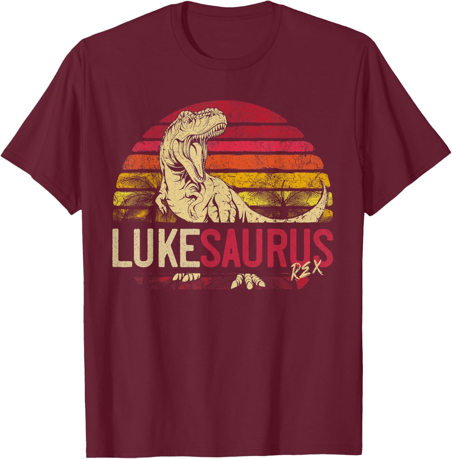 Luke Saurus Funny Personalized Dinosaur T Rex Name Boys Gift T-Shirt - T-Shirt | Maroon