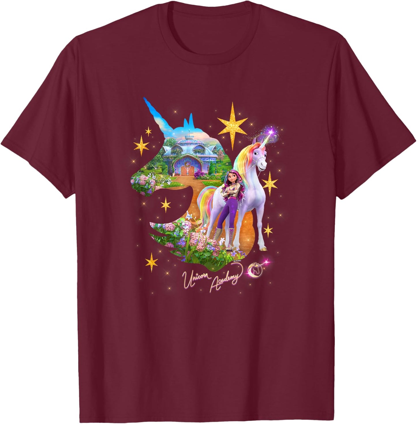 Unicorn Academy Silhouette Sparkle Graphic Logo T-Shirt - T-Shirt | Maroon