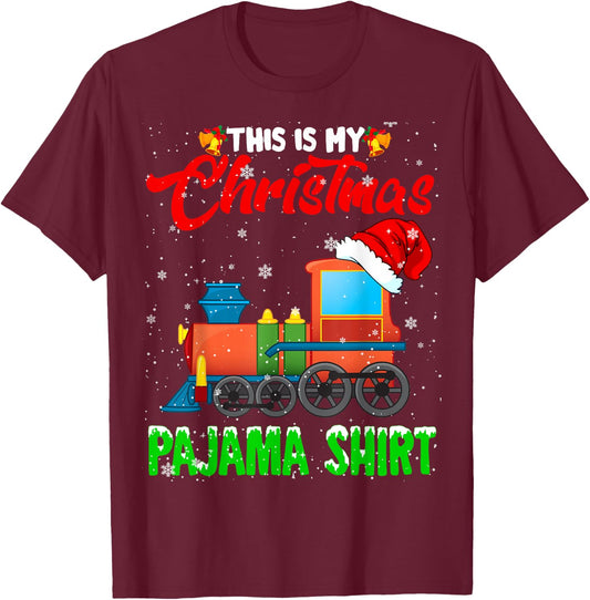 Christmas Pajama Funny Santa Train Farmer Kids Christmas T-Shirt - T-Shirt | Maroon